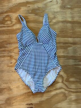 Women’s Blue and White Striped One-Piece Swimsuit Sz M